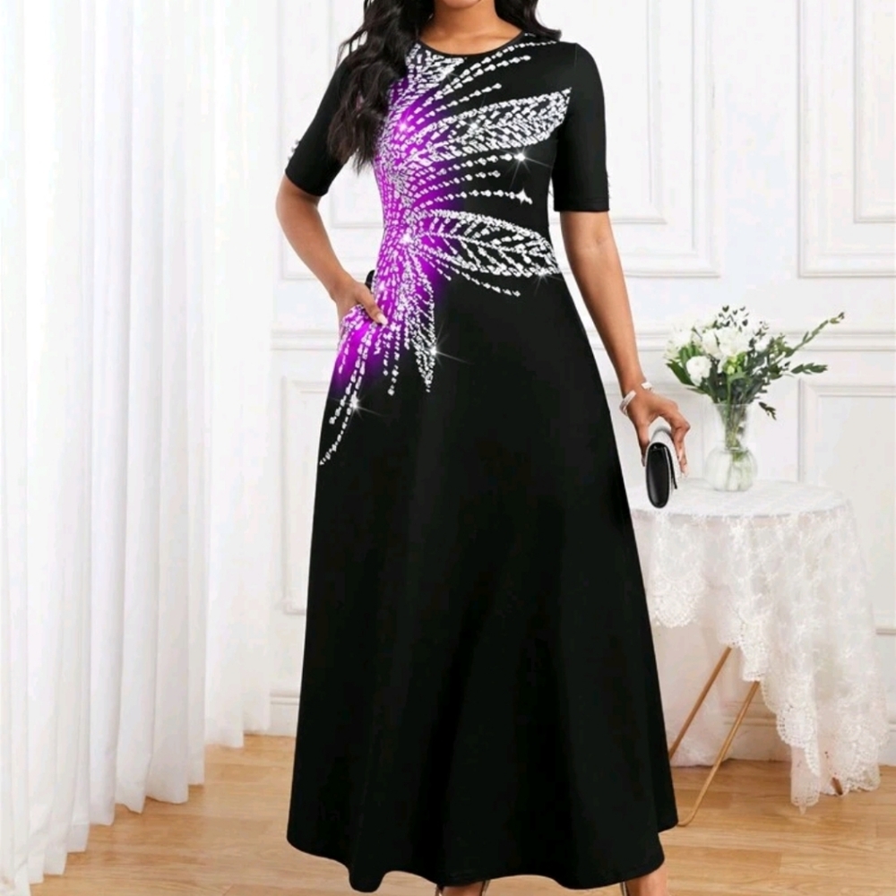 Black Sequin Printed Short Sleeve Pocket Maxi Dress